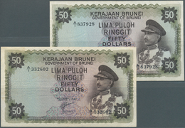Brunei: Set Of 2 Pcs 50 Ringgit 1967 P. 4, Used With Folds And Creases In Paper, No Holes Or Tears, - Brunei