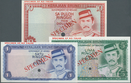 Brunei: Set Of 3 Specimen Banknotes 1, 5 And 10 Ringgit ND P. 6s-8s In Condition: UNC. (3 Pcs) - Brunei