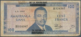 Burundi: 100 Francs 1965 With Black Overprint "De La Republique" P. 17 In Used Condition With Folds - Burundi