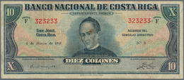 Costa Rica: Rare Issue 10 Colones 1941 P. 205b, S/N 323233, Used With Folds And Creases, Stain In Pa - Costa Rica