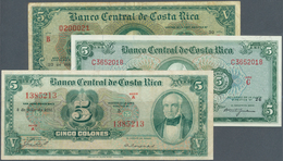 Costa Rica: Set Of 3 Banknotes Containing 5 Colones 1953 P. 220b (F, Pressed), 5 Colones 1959 P. 227 - Costa Rica