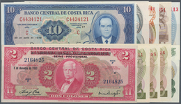 Costa Rica: Set Of 10 Notes Containing 10 Colones 1970 P. 230 (UNC), 2 Colones 1967 P. 235 (aUNC), 5 - Costa Rica