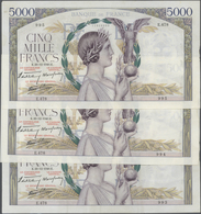 France / Frankreich: Set Of 3 CONSECUTIVE Notes 5000 Francs "Victoire" 1940 P. 97, S/N 11929995 & -9 - 1955-1959 Sobrecargados (Nouveau Francs)