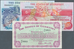 Guernsey: Very Nice Set With 3 Banknotes 10 Shillings 1966 P.42c In F, 10 And 20 Pounds ND(1980-89) - Altri & Non Classificati