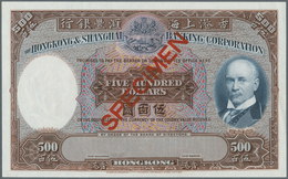 Hong Kong: Rare Specimen Banknote 500 Dollars ND P. 179s Without Date And Signatures, With Red Speci - Hong Kong