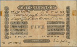 India / Indien: Government Of India 5 Rupees 1916 P. A6, Used With Folds, Faded Print On Front, Soil - India