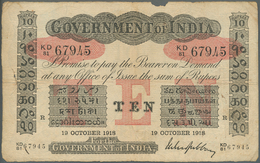 India / Indien: Government Of India 10 Rupees 1918 RANGOON Issue P. A10, Used With Folds, Light Stai - Inde
