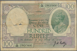 India / Indien: 100 Rupees ND(1917-30) LAHORE Issue, Sign. Kelly, P. 10o, Torn And Fixed Horizontall - India