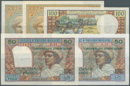 Madagascar: Set Of 5 Banknotes Containing 2x 5 Francs ND P. 35 (both UNC), 100 Francs ND P. 57 (aUNC - Madagascar