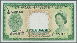 Malaya & British Borneo: 5 Dollars 21.03.1953 P. 2, Portrait QEII, Serial A/31 539160, In Exceptiona - Malasia