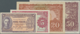 Malaya: Set Of 4 Banknotes Containing 5 Cents 1941 P. 7a (XF+ To AUNC), 1 Cent 1941 P. 6 (UNC), 50 C - Malesia