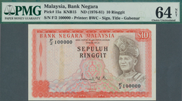 Malaysia: 10 Ringgit ND(1976-81) P. 15a With Rare Serial Number #100000 In Condition: PMG Graded 64 - Malaysie