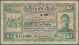 Mauritius: 1 Rupee ND(1940) P. 26, Used With Folds And Light Stain In Paper, Portrait KGVI, No Holes - Maurice