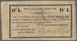 Mauritius: 1 Dollar Special Finance Committee 01.09.1842 / 01.02.1844, Printed On The Back Of Cut Up - Maurice
