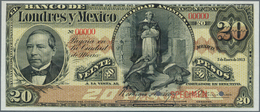 Mexico: Banco De Londres Y México 20 Pesos 1913 SPECIMEN, P.S235s, Punch Hole Cancellation And Red O - Messico