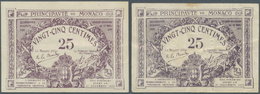 Monaco: Set Of 2 Notes 25 Centimes 1920 P. 2b ,c, Lilac Color, Strong Paper, But Folded In Condition - Mónaco