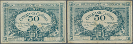 Monaco: Set Of 2 Notes 50 Centimes 1920 P. 3 Series D & F, S/N 315411 & 505338, Both Used With Folds - Mónaco