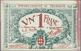Monaco: 1 Franc 1920 P. 5r Remainder W/o S/N, Series A, Unfolded, But Light Handling At Borders Visi - Mónaco