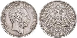 Sachsen: Albert 1873-1902: 5 Mark 1891 E, Jaeger 125, Kl. Kratzer, Min. Randfehler, Sehr Schön-vorzü - Taler En Doppeltaler