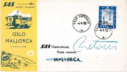 MAV 004 : Premier VOL Par SAS - SKI - BALLON - JEU DE PLAGE - D'Oslo Pour Mallorca - Superbe - Lettres & Documents