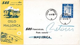 MAV 004 : Premier VOL Par SAS - SKI - BALLON - JEU DE PLAGE - D'Oslo Pour Mallorca - Superbe - Covers & Documents