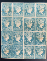 RO) 1855 CUBA-CARIBBEAN, SPANISH ANTILLES, BLOCK OF 16 Un - QUEEN ISABELLA II - 1/2r PLATA-SCOTT 1 BLUE PAPER, XF - Vorphilatelie
