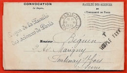 Convocation Examen (griffe Cursive "Doyen De La Faculté Des Sciences De Paris") Simple Taxe à L'arrivée * Cachet - 1859-1959 Lettres & Documents