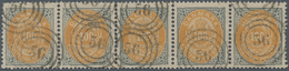 Dänemark: 1877, 100 Öre Yellow And Grey, First Printing, Horizontal Strip Of Five, Neatly Cancelled - Neufs