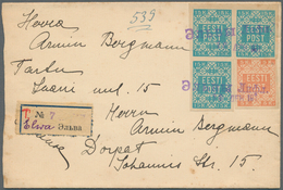 Estland: 1918, 5 K Reddish-orange And 15 K Blue Block Of Three Cancelled With Provisionally Violet T - Estonia