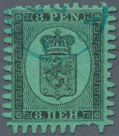 Finnland: 1866, 8 Penni Black On Ordinary Green Paper, The VERY RARE ROULETTE E. Cancelled With Smal - Neufs