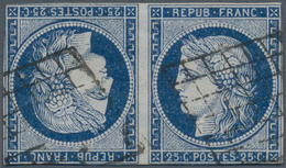 Frankreich: 1849 Ceres 25c. Blue Horizontal TÊTE-BÊCHE Pair, Used And Cancelled By Black Grille, Wit - Autres & Non Classés