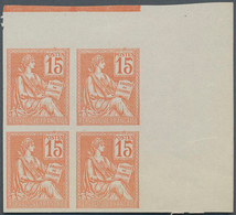 Frankreich: 1900, Mouchon 15c. Orange, IMPERFORATE Marginal Block Of Four From The Upper Right Corne - Andere & Zonder Classificatie