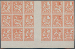 Frankreich: 1900, Mouchon 15c. Orange, Bottom Marginal IMPERFORATE Gutter Block Of 18, Ungummed Pape - Andere & Zonder Classificatie