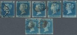 Großbritannien: 1841, 2 D Blue, Group Of 8 Used Stamps Including A Horizontal Pair With Slightly Dis - Andere & Zonder Classificatie