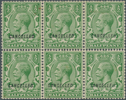 Großbritannien: 1924, ½d. Green, Wm Block Cypher, Block Of Six With "Cancelled" Overprint (type 28), - Andere & Zonder Classificatie