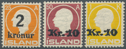 Island: 1924/1926, Drei Aufdruckwerte Mit 2 Kr. Auf 25 A. Orange, 10 Kr. Auf 50 A. Lilarot Bzw. Auf - Autres & Non Classés