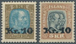 Island: 1929/1930, Zwei Aufdruckwerte Mit 10 Kr. Auf 2 Kr. Olivbraun/hellblau Bzw. Auf 5 Kr. Hellbra - Autres & Non Classés