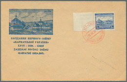 Karpaten-Ukraine: 1939/1945, Lot Of 3 Entires: 1939 3 K. Blue Left Marginal Copy On Illustrated F.d. - Ukraine