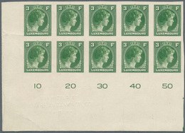 Luxemburg: 1944: Granduchess Charlotte, 3 F Green, Imperforated Proof On Carton, Block Of Ten From T - Lettres & Documents