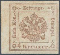 Österreich - Zeitungsstempelmarken: 1859, Zeitungsstempelmarke 4 Kr Braun, Kurzes Linkes Randstück, - Newspapers