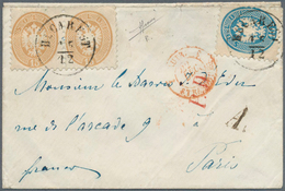 Rumänien: 1864, Bucharest Austrian P.O., 10so. Blue And Pair 15so. Brown On Cover 15/12 To Paris Wit - Other & Unclassified