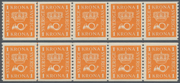 Schweden: 1934, Crown And Posthorn 1kr. Orange On White Paper Two Horiz. Strips Of Five, Mint Never - Unused Stamps