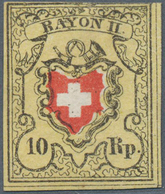 Schweiz: 1850 Rayon II 10 Rp. Schwarz/rot/gelb, Type 5 Vom Stein E-LO Mit 'Plattenfehler' "Obere Ran - Other & Unclassified