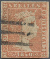 Spanien: 1850, 5r. Red, Fresh Colour, Slightly Touched At Base Otherwise Full Margins, Clearly Oblit - Gebruikt