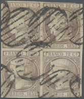 Spanien: 1852, 12cs. Lilac, BLOCK OF FOUR, Cut Into At Upper Right Otherwise Close To Full Margins, - Gebruikt