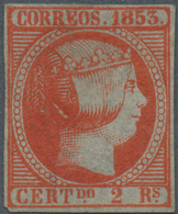 Spanien: 1853, 2r. Vermilion, Bright Colour, Close To Full Margins, Unused No Gum, Repaired. Overall - Used Stamps