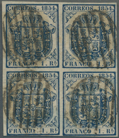 Spanien: 1854, Coat Of Arms 1 R On Thin White Paper In A Block Of Four Tied By Barr-cancles, Fresh C - Usati