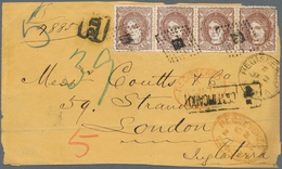 Spanien: 1872, 20 Mils. Brown, A Horizontal Strip Of Four, Tied Pointed Diamond To Registered Front - Used Stamps