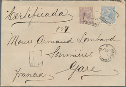 Spanien: 1891. Registered Envelope To France Bearing Yvert 198, 5c Blue And Yvert 209, 1 Peseta Viol - Used Stamps