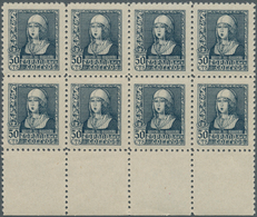 Spanien: 1938/1939, Queen Isabella Definitives Complete Set Of Six In Blocks Of Eight From Lower Mar - Usati